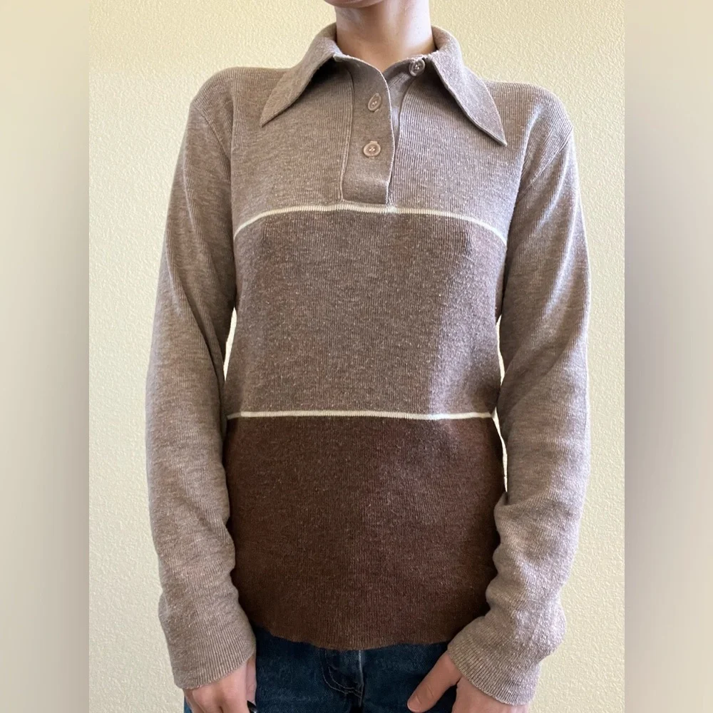 True vtg 1970s long collar quarter button up Brown monochrome striped sweater - Picture 2 of 3